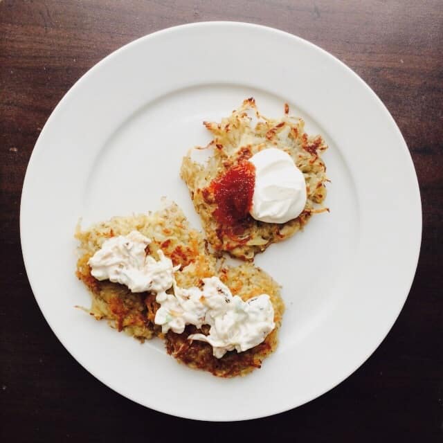Potato Latkes with Pepper Jelly or Caramelized Onion Sour Cream