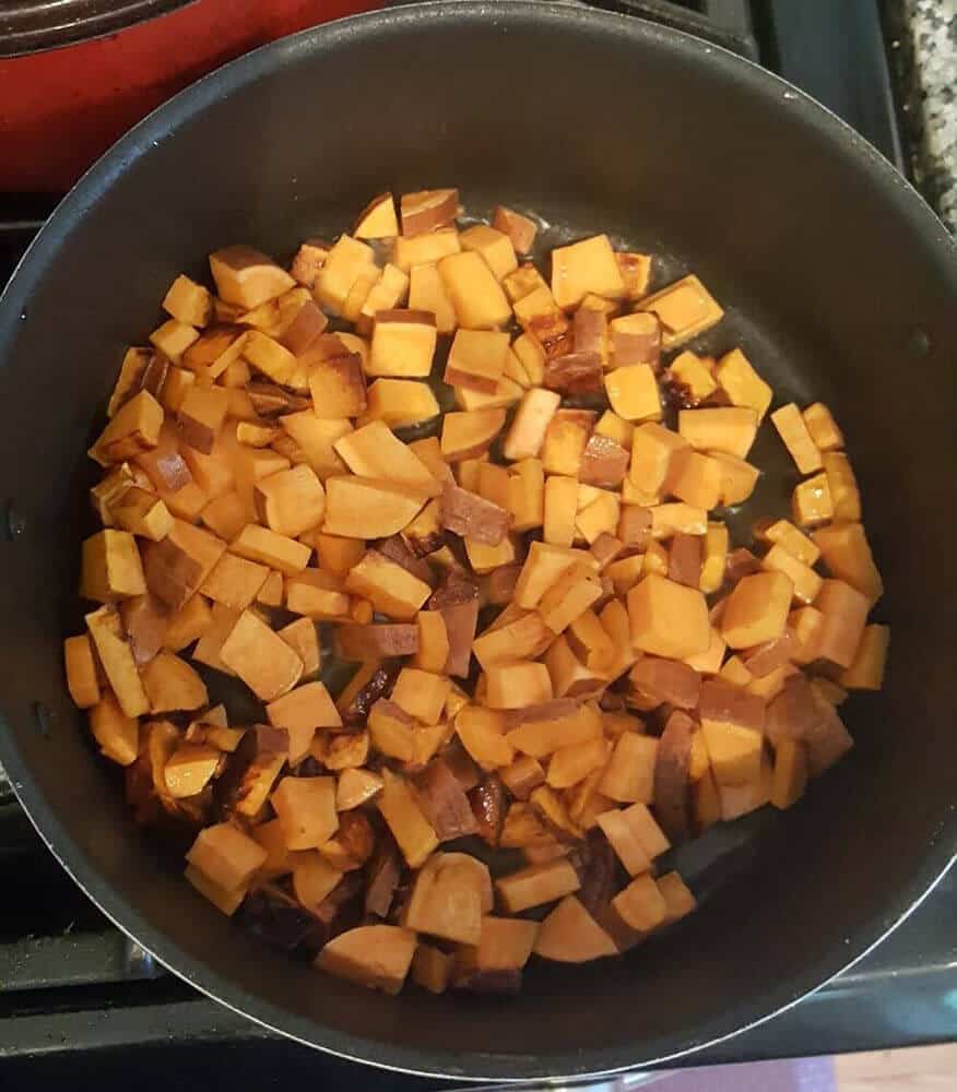 Sweet potato chopped in a pot