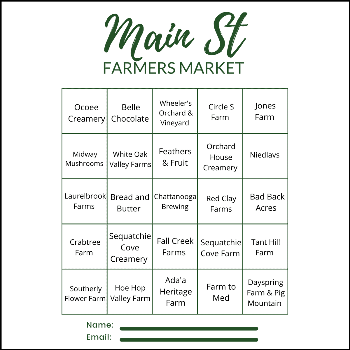 Main Street Farmers Market Bingo