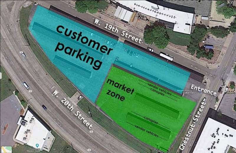 Market location map - entrance at the corner of 19th and Chestnut.